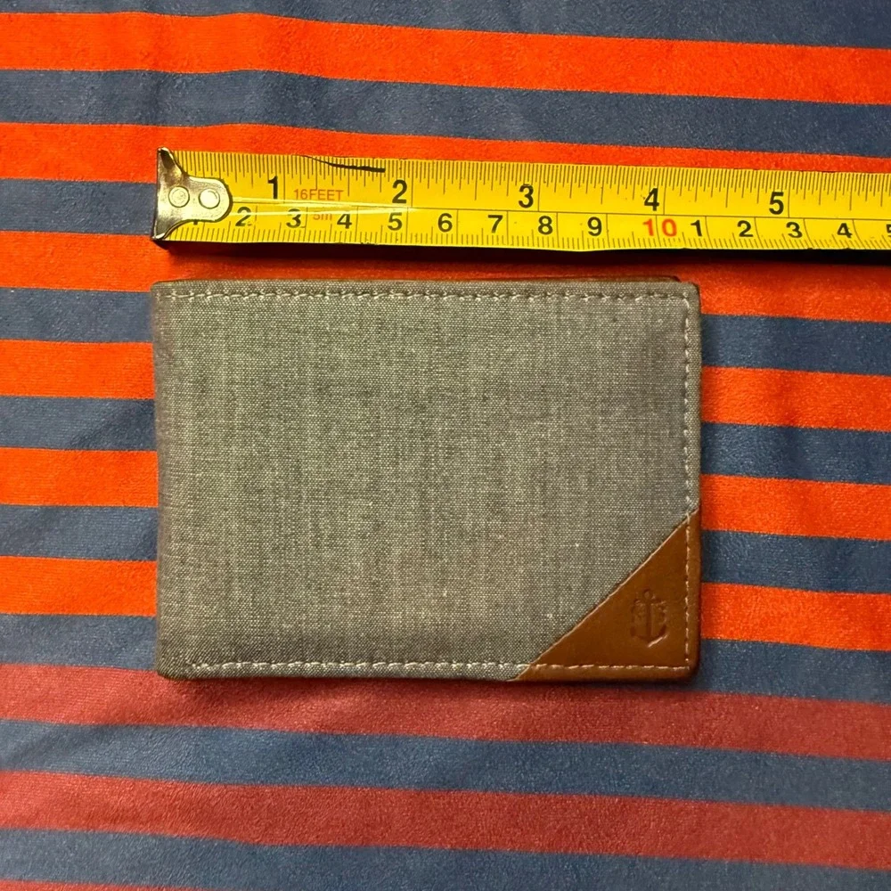 Nautica Mens Bifold Wallet Gray Canvas Brown Leather Trim Card Billfold